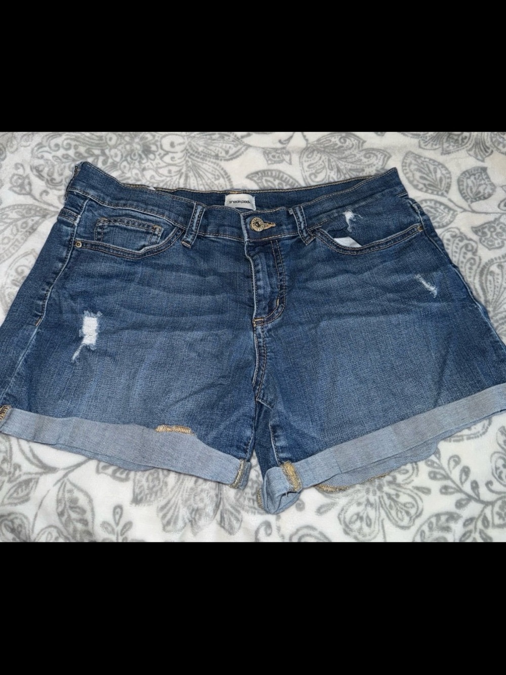 Sneak Peek Distressed Rolled Hem Denim Shorts - Blue
